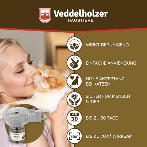 Veddelholzer Relax Cat Pheromone Katzen Diffusor Set bestehend aus Verdampfer + 45ml Flakon Beruhigungsmittel für Katzen Entspannungs & Anti Stress Mittel für Katzen urinieren verhindern gegen kratzen