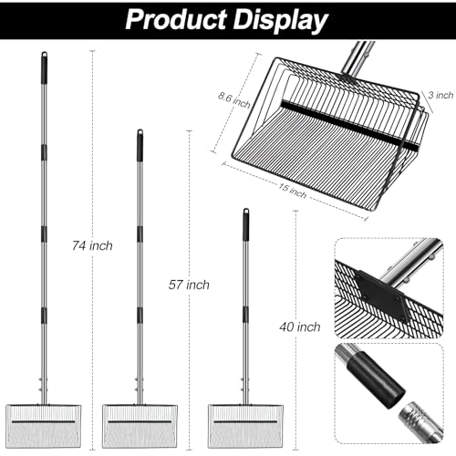 Image of 15 inch Large Chicken Poop Scooper and Rake for Sand for Shavings 74 inch Heavy Duty Pooper Scooper Long Handle Chicken Coop Scoop for Cleaning Tools 5-in-1 Sifting Shovel for Chicken Scoop supplies
