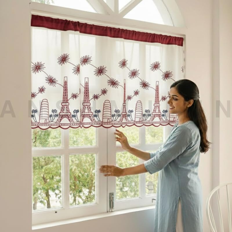 Image of Short Window Curtain for Kitchen, Living Room, Cafe, Restaurant & Home Decor | Elegant Half Window Valance | Length - 24 Inch, Width - 42 Inch (Eiffel Tower, Small)