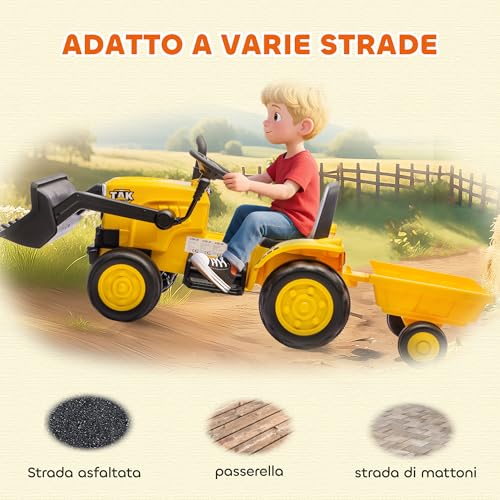 Aiyaplay Escavatore Per Bambini Elettrico 12V Con Benna E Rimorchio Staccabile, Trattore Elettrica Cavalcabile Con 2 Motori, Telecomando, Connessione Wireless, Usb, Luci E Musica, 3-8 Anni, Giallo - 6
