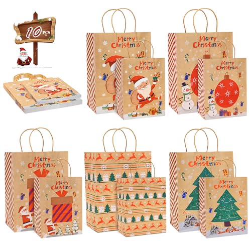 YUNISS 10 Stück Geschenktüten Weihnachten Set, Papiertüten Weihnachten mit Griffenin 2 Größen(S & M) – große Geschenktüten für Präsente, Süßigkeiten & Partydeko