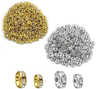 JustYit 400 Pcs 6mm 8mm Sparkling Crystal Spacer Beads Rondelle Tone Rhinestones Beads Spacer Beads for Jewellery Making, Bracelets, Necklace, Gold/Silver