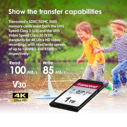 Image of Transcend SDC300S 1TB SDXC SD Card, UHS-I U3 V30, 4K UHD & Full HD for DSLR Cameras /Digital Cameras /Trail Cameras /Camcorder, Up to 100MB /s, Class 10 High-Speed Memory Card