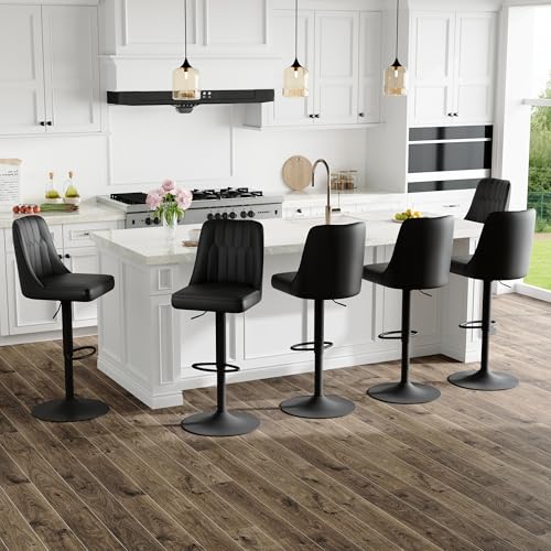 Image of Swivel Bar Stools Set of 6 - Black Barstools with Back,Adjustable Counter Height Bar Stools with Sturdy Metal Legs,Leather Counter Height Stools Ideal for Kitchen Island Pub(25''-33''H)
