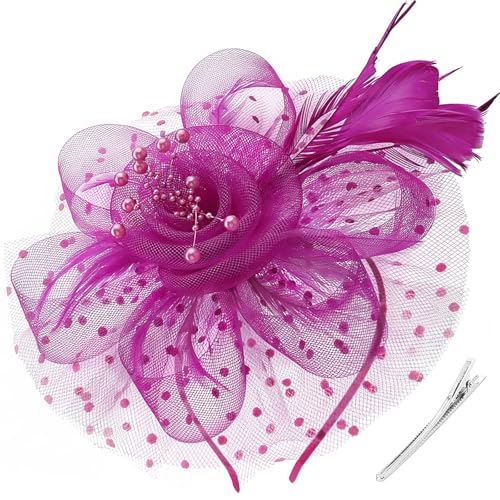 Image of DRESHOW Fascinators Hat Flower Mesh Ribbons Feathers on a Headband and a Clip Tea Party Headwear for Girls and Women