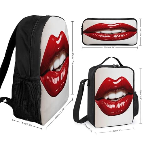 17-inch Backpack,Crossbody Lunch Bag,and Cosmetic Bags Suitable for Travel,business,casual,universal Cute Graphic Red Lips Print Travel Backpacks for Men And Women2