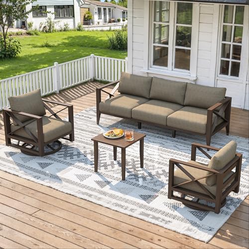 Oversized Aluminum Patio Furniture Set, 7-Piece Outdoor Conversation Set with Swivel Rocking Chairs & Coffee Table, Modern Weather-Resistant Seating for Deck,Yard,Balcony,Poolside-Brown