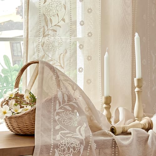 Image of jinchan Winslow Sheer Curtains 96 Inch for Bedroom Living Room Embroidered Bordered Floral Nursery Curtains for Boy's Room Light Filtering Window Treatments, Ivory on Beige, 2 Panels, 50 inch x 96 inch