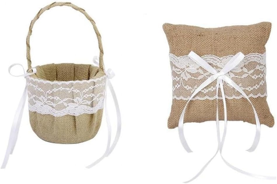 PRETYZOOM Burlap Lace Flower Basket and Ring Bearer Pillow Set 15x15cm Rustic Jute Cushion for Wedding Ceremony for Flower Girls and Ring Bearers
