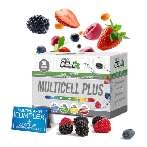 MultiCell PLUS | Complejo Multivitamínico Nutricional Completo (30 Sobres Efervescentes) - Sabor Frutos Rojos - Ahora con Probióticos, Enzimas Digestivas, Omega 3, Vitaminas B y C, Ginseng y BCAAs