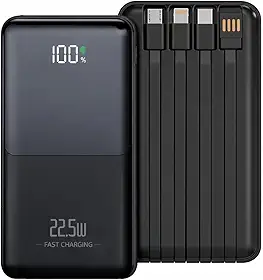 Power Bank 10000mAh com Carregamento Turbo 22.5W, Cabo Integrado Tipo-C e Lightning, Display Digital de Bateria, Carregador Portátil Rápido para iPhone e Android - Premium