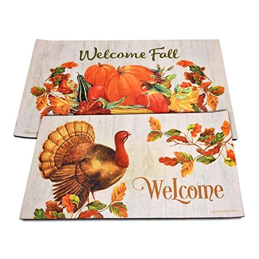 Gift Boutique Thanksgiving Welcome Fall Door Mats Set of 2 Harvest Turkey Floor Rugs for Indoor Outdoor Home Garden Lawn Autumn Pumpkin Leaves Rubber Doormat Holiday Front Entrance Decor 30”x 17.75"