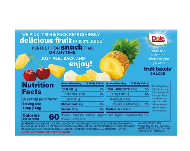 Dole Fruit Bowls Cherry Mixed Fruit in 100% Juice 4 oz., Snacks Lunch box Bowl Family Value Pack, 20 pk