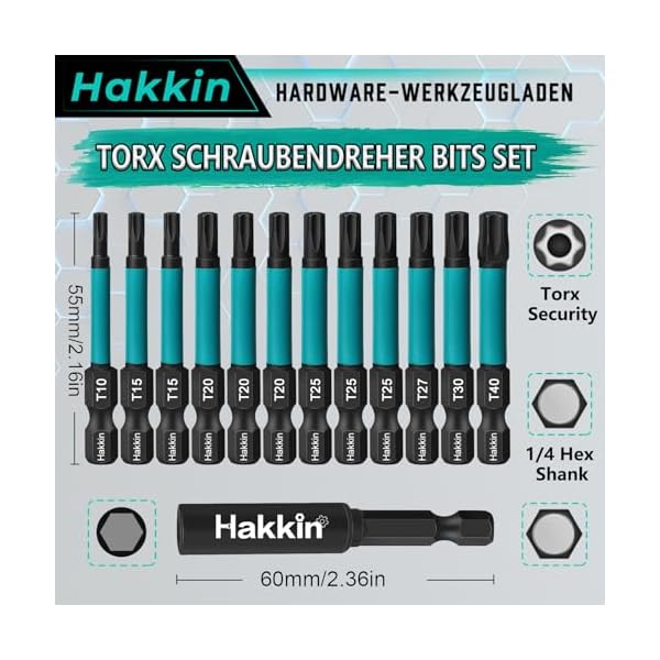 Hakkin 12 Stück Torx Bits Set Lang 55mm Sternschraubenzieher Impact Schraubendreher T-Star Sortiment 1/4" Schlagschrauber Bits S2 Schraubenzieher Bitsatz mit Bithalter T10 T15 T20 T25 T27 T30 T40 – Bild 3