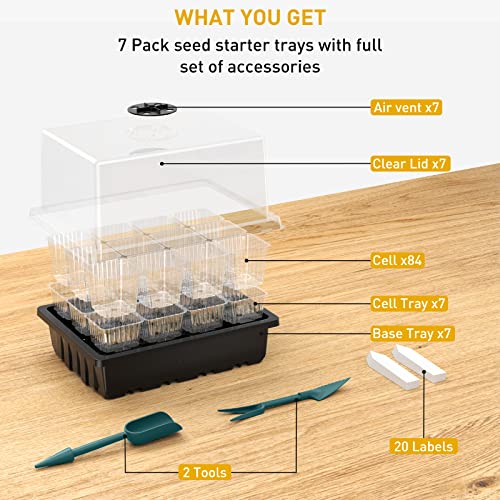 EVEAGE 7-Pack Black Plastic Seed Starter Trays with 4.4" High Lid and Enlarged 4.5 x 4.5CM Cells, Indoor Modern Planter Trays