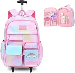 Mochila de carrinho Rodinhas Infantil Imperme�vel e com Grande Capacidade, mochila escolar para crian�as de 6 a 13 Anos (arco �ris rosa)