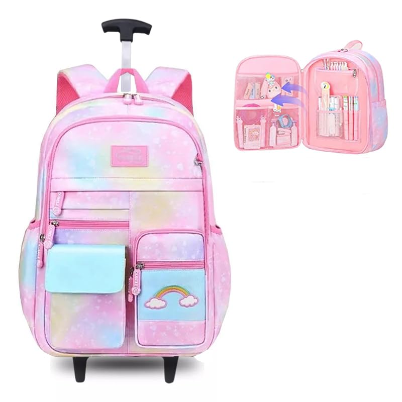 Mochila de carrinho Rodinhas Infantil Imperme�vel e com Grande Capacidade, mochila escolar para crian�as de 6 a 13 Anos (arco �ris rosa)