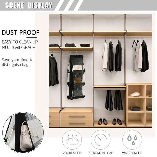 Image of 6 Pocket Hanging Handbag Organizer - Multi-Compartment Purse Storage with Adjustable Hooks - Space-Saving Closet Organizer for Handbags, Purses, Wallets - Durable, Home Black