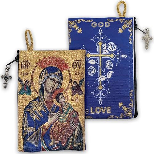 Image of Catholic Rosary Pouch, 4 inch x 6 inch Jewelry & Coin Purse with Cross, Small Woven Tapestry Icon Bag, Bolsa de Rosario Catolico para Joyeria, Mary Queen of Heaven & God is Love, 4 inch x 6 inch