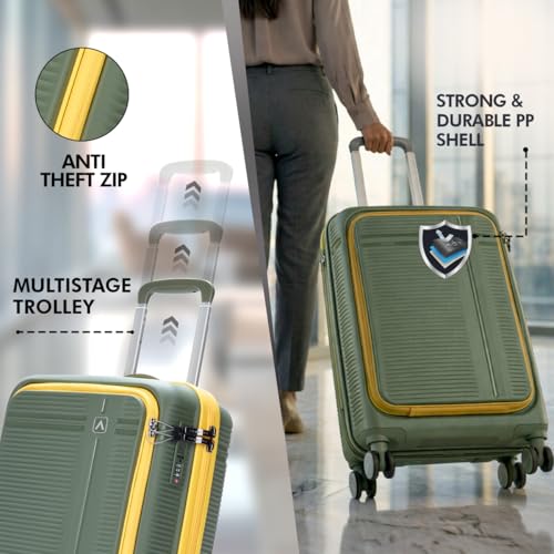 Image of Aristocrat Solana Cabin Trolley Bag 53cm | Small | Hard Luggage | 8-Wheel Suitcase with Laptop Compartment for Business Travel | TSA Lock with Anti-Theft Zipper | 3 Year International Warranty (Green)
