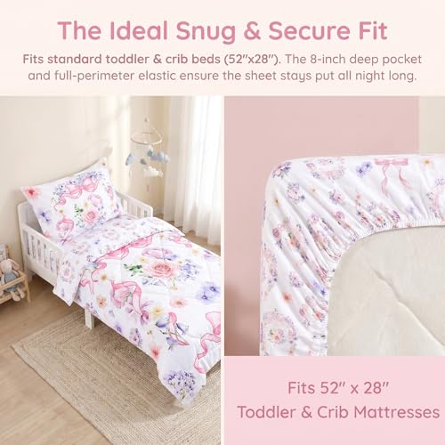 Image of Pea Pod Floral Toddler Bedding Set for Girls, 4 Piece Bed-in-a-Bag Toddler Comforter Sets Cute Bowknot Princess Crib Bed Set | Include Quilt Comforter, Flat Sheet, Fitted Sheet, Pillowcase, Super Soft