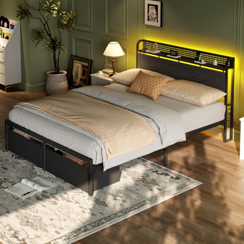 Image of Furnulem Full Size Bed Frame with Headboard, Platform Bed Frame with Charging Station, 2 Storage Drawers & LED Lights, No Box Spring Needed, Noise Free, Easy Assembly, Silver Gray (800 lbs Capacity)