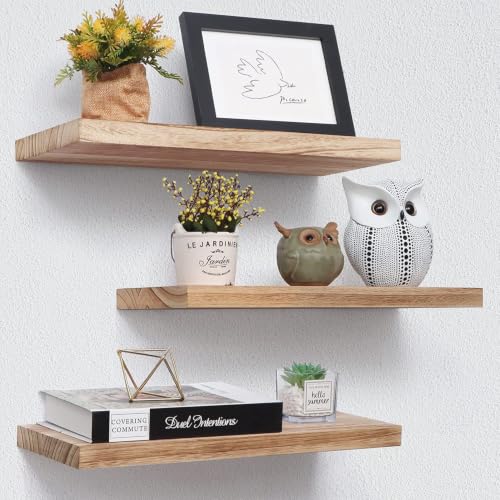 Image of Hamdan Collection Floating Shelves, 24 Inch Wall Shelf Set of 2, Rustic Wood Shelves for Wall Storage, Wall Mounted Wooden Display Shelf for Bathroom Bedroom (S3 Natural, 17 Inch S3)