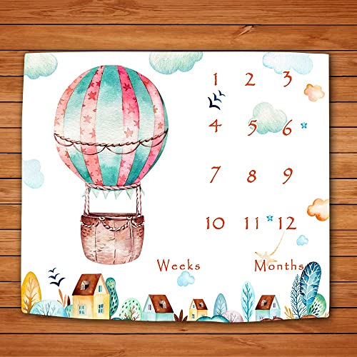 Image of Baby Monthly Milestone Blanket, City Cartoon Hot Air Balloon Baby Growth Chart Memory Blanket, 48x40 Inch Newborn Swaddle Blanket Nurse Receiving Blanket BTMLLY74