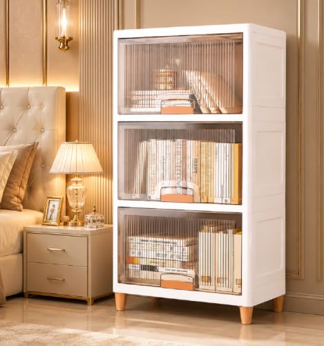 Image of EXVITO 3 Tier Foldable Wardrobe for Bedroom Clothes Storage Cabinet | Collapsible Plastic Almirah Organizer with Magnetic Doors & Wheels | Stackable Cupboard for Clothes Storage - Beige