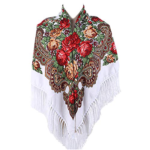 Gudessly Damen Traditioneller Schal Wickeltuch Quaste Schal Fransen Hals Kopftuch Retro Schal Blumenponcho Druck Schal, Weiss/opulenter Garten