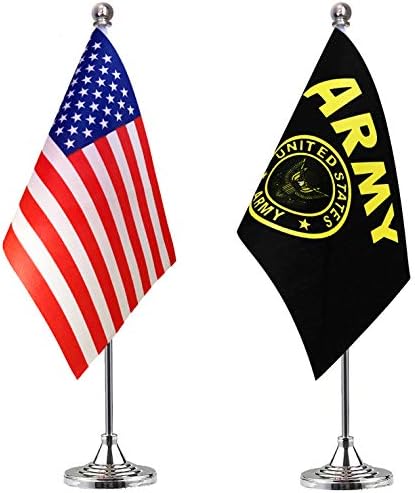 LoveVC US Army Gold Crest Desk Flag Small Mini USA Military Office Desk Table Flags with Stand Base,2 Pack