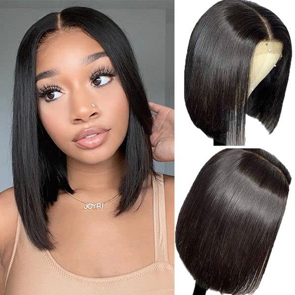 BOSDIOS Bob Wig Human Hair 4x4x1 T Part HD Lace Front Wigs Short Bob Wigs 150% Density Brazilian Virgin Glueless Pre Plucked With Baby Hair Natural Color Straight Hair For Black Women (12inch)