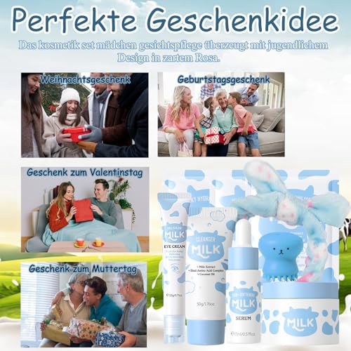 Milk Skincare Set Geschenke Für Mädchen, Gesichtspflege Set & Teenager Mädchen Geschenke, Reiseset Skin Care Set & Hautpflege Geschenkset Frauen mit Creme,Serum,Augencreme,Gesichtsmaske, Bürste(9pcs)