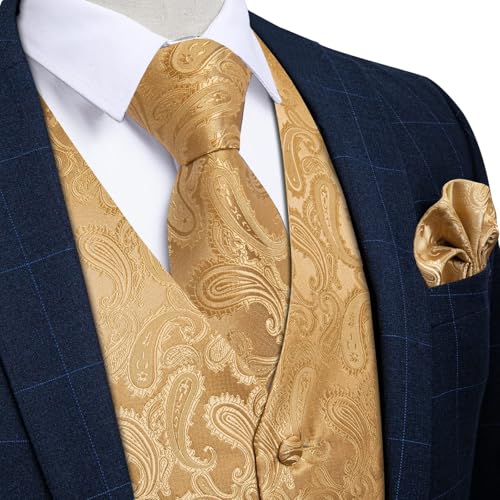 Image of DiBanGu Mens Vest and Tie Set Formal Paisley Waistcoat and Necktie Pocket Square Cufflinks Silk Suit Vest for Tuxedo Wedding