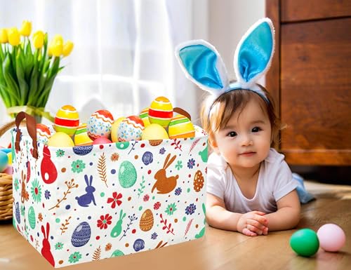Image of Rectangle Empty Easter Baskets Boy Large Toy Storage Bin Girls collapsible Hamper Waterproof Canvas Box Kid Gifts Spring Decor( boho Red Rabbit )