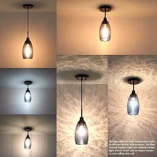 Image of Viinew Mini Glass Pendant Light 3-Pack Dark Blue Seeded Hanging Light