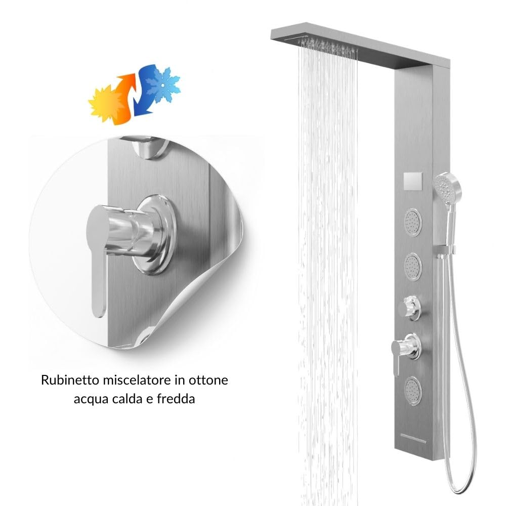 Colonna Pannello Doccia Shine-1 Cromo 4 Funzioni Luce LED Relax Display Temperatura Cromo 3 getti lombari 2 cascate d'acqua Soffione Anticalcare