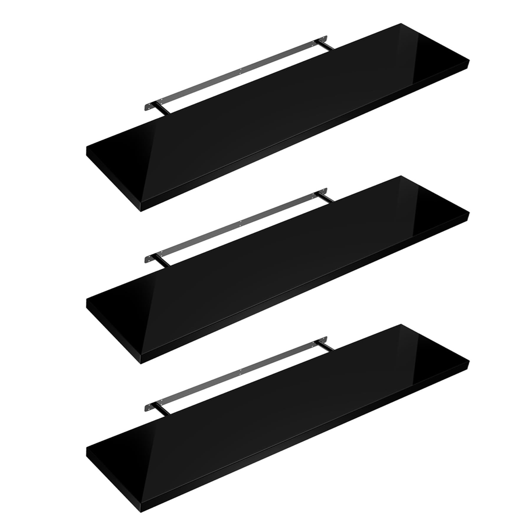 Shelfinity Set of 3 Black Floating Shelves for Wall | 110cm High Gloss Modern Wall Shelves | For Bedroom Living Room Bathroom Kitchen Office | Floating Shelf Unit Ideal for Display & Storage