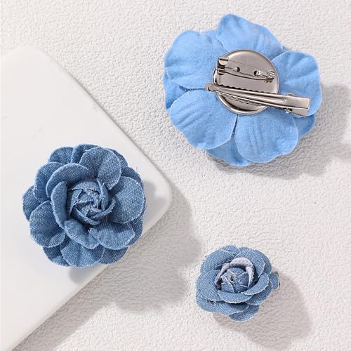 Image of 3Pcs Dainty Flower Brooches for Women Large Blue Camellia Flower Brooches 35MM 50MM 65MM Denim Fabric Floral Lapel Pin Banquet Clothes Jewelry Presents