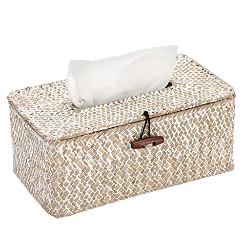 Sumnacon Rectangle Natural Seagrass Tissue Box Cover,Woven Tissue Box with Bottom,Farmhouse Tissue Box Holder for Living Room Bathroom Vanity Toilet Table Desk Countertop Office Car,Whitewash