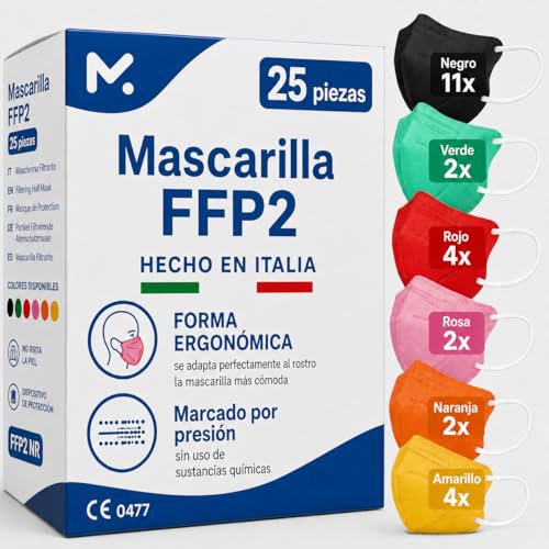 25 Mascarillas FFP2 Made in Italy Colores Mix Homologadas Certificación CE sin Válvula, Máscara Protectora de Polvo, Mascarilla de Protección Personal con Filtros de Calidad BFE≥95, 20 Piezas