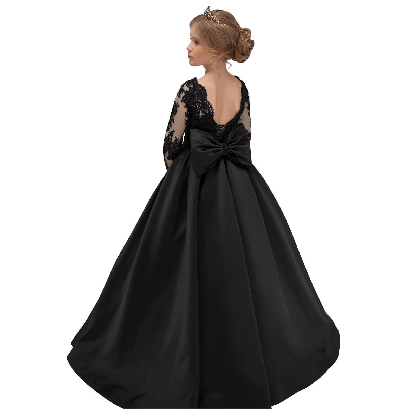 CHONLuo Satin Flower Girl Dresses for Wedding Lace Long Sleeves Pageant Dresses for Girls Formal Dress with Bowknot