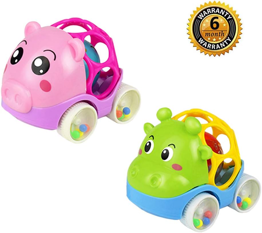 ZHFUYS Rattle & Roll Car,2 Pack Soft Rubber Rattle car 4.5 inch Cute Infant Hand Push Toy car (2 Pack-02)