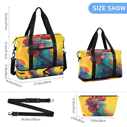 Yellow Rooster Travel Duffel Bag for Women Men Gym Bag with Shoe Compartment Wet Pocket Carry On Weekender Overnight Bags for Travel Hospital Gym3