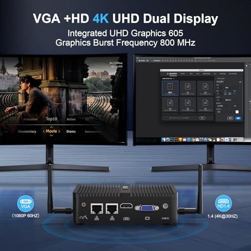 Image of HISTTON Fanness Mini PC J5005,Industrial PC Supp.Win 11 Pro,DDR4 4GB RAM 64GB SSD,Dual 1GbE LAN,WiFi 5, BT4.2, 2 RS232 COM,HD /VGA, USB3.0,Mini Desktop Computer