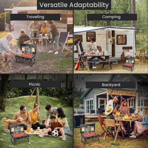 Image of Pivalo Charcoal Barbeque Grill Set | Tandoori BBQ for Home & Outdoor Use | 4-Piece Combo | 8 Skewers | 1 Glove | 1 Tong | Foldable Standing BBQ for Camping, Picnic & Travel Cooking (Pack of 1, Black)