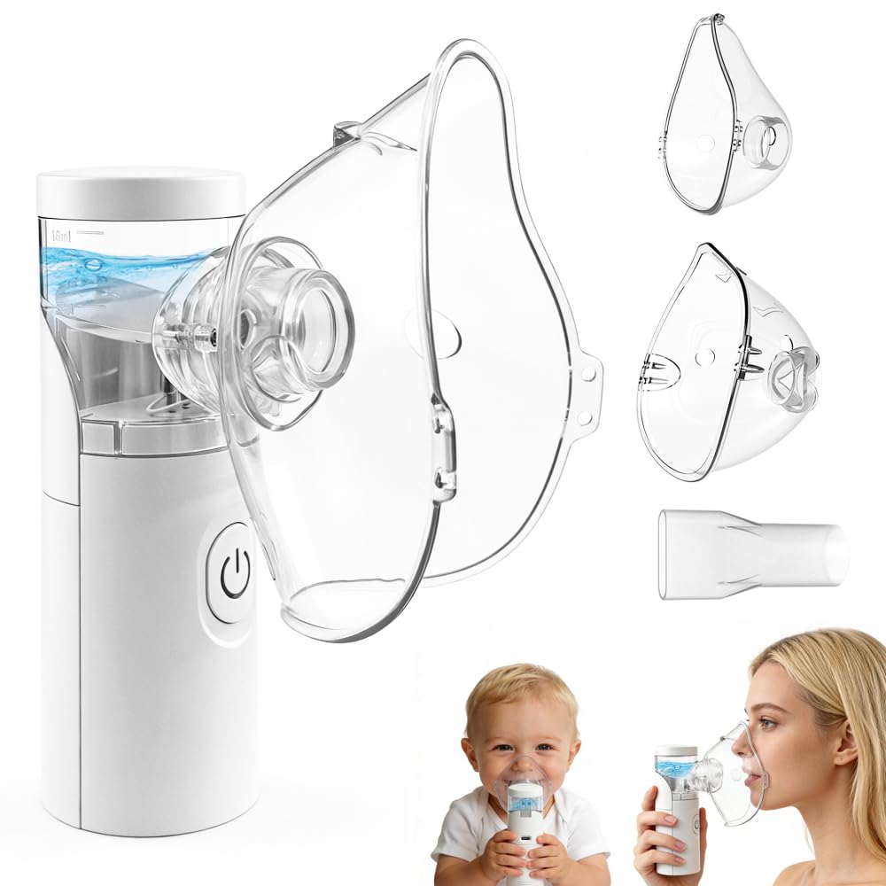 Aerosol portatile silenzioso, Aerosol bambini, Macchina aerosol adulti uso domestico è dotato di due maschere facciali e boccagli, Aereosol adatto per la casa e i viaggi（Bianco）