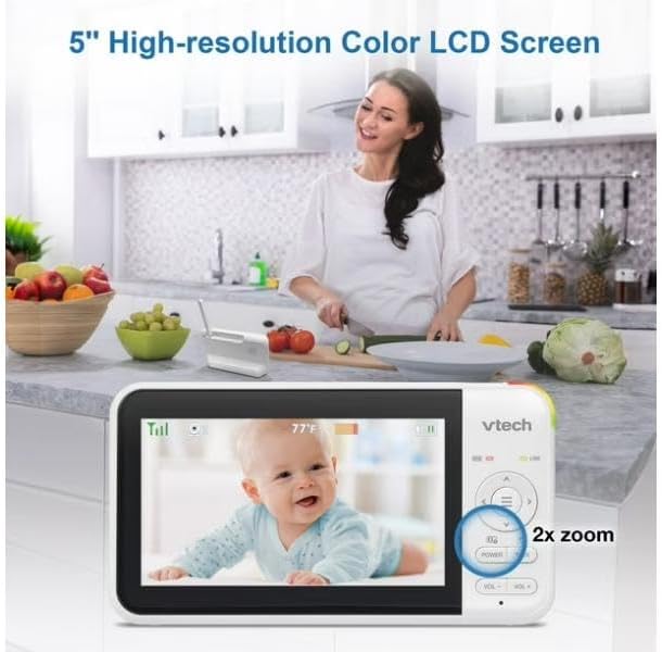 Parent unit displaying a baby on its 5-inch high-resolution color LCD screen with 2x zoom feature highlighted