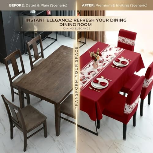 Image of Styleys Dining Chair Cover with Table Covers for Kitchen Waterproof Dining Table Cloth (1 Table Cover + 6 Chair Cover, Floral Wine, K722)