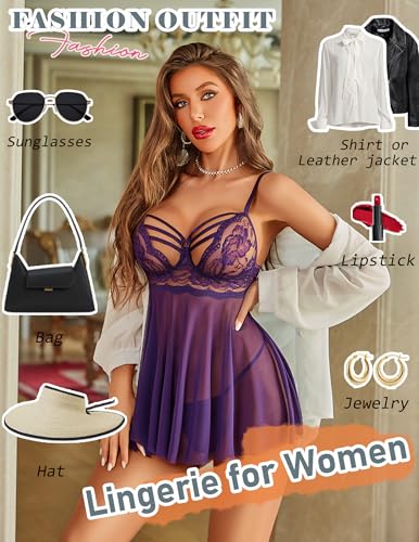 Image of Avidlove Women Lingerie Lace Babydoll Sexy Chemise Nightwear Teddy V Neck Sleepwear Boudoir Outfits